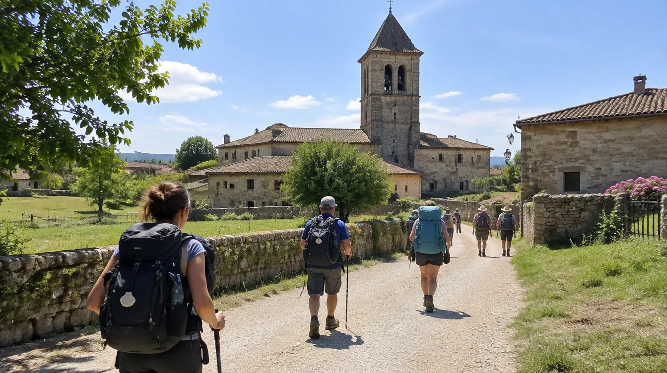 Peregrinos chegando ao vilarejo no fim de uma etapa do Caminho Francês