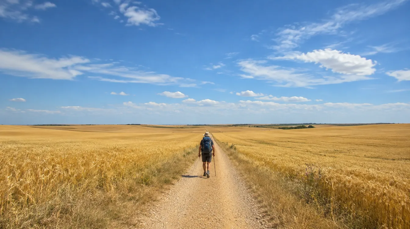 Planície dourada da Meseta com estrada de terra reta e peregrino no Caminho Francês