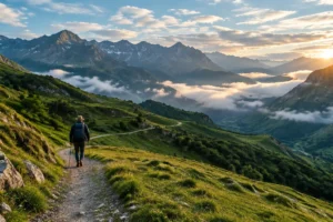 Trilha nos Pirineus com peregrino solitário no início do Caminho Francês