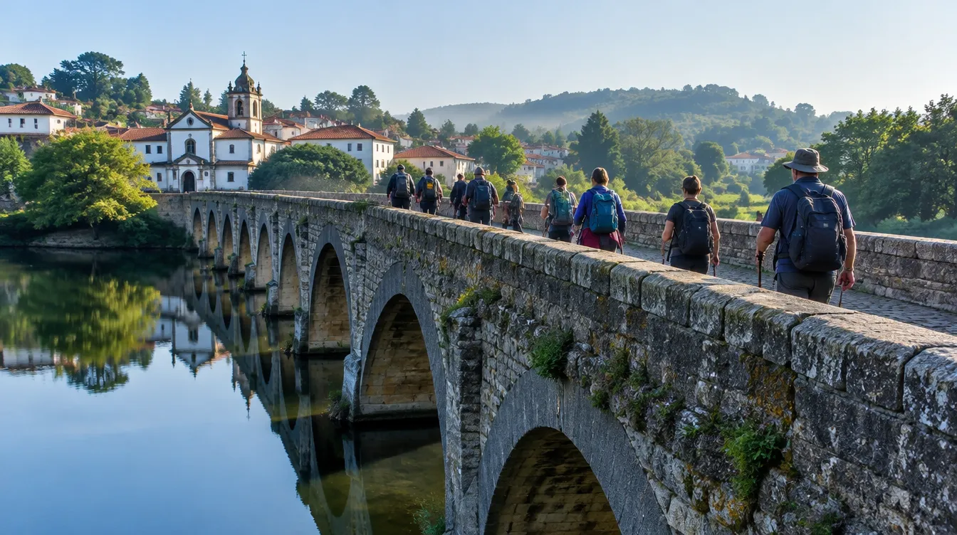 Peregrinos atravessando ponte medieval de pedra sobre rio em vila verde de Portugal no Caminho Português