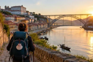 Peregrino com mochila começando o Caminho Português na beira do rio, com casas coloridas e ponte de ferro ao fundo
