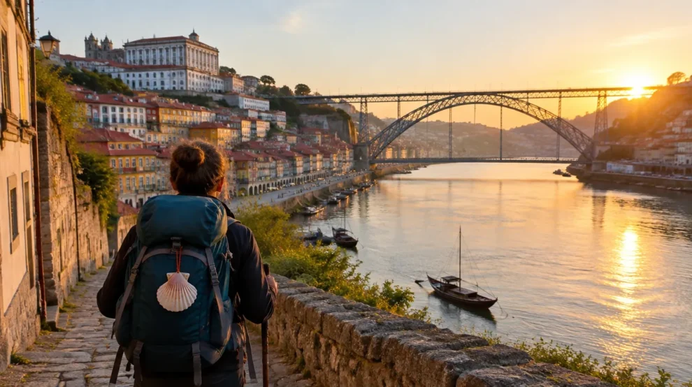Peregrino com mochila começando o Caminho Português na beira do rio, com casas coloridas e ponte de ferro ao fundo
