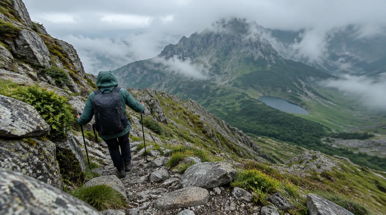 Caminhante com bastões descendo trilha pedregosa em região de montanha do Caminho Primitivo