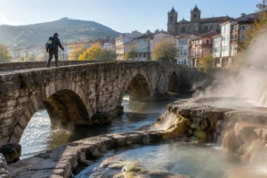 Peregrino na ponte romana de Ourense, no Caminho Sanabrés