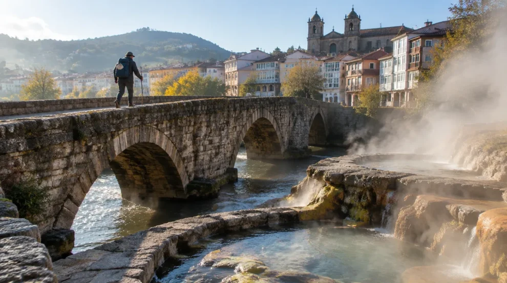 Peregrino na ponte romana de Ourense, no Caminho Sanabrés