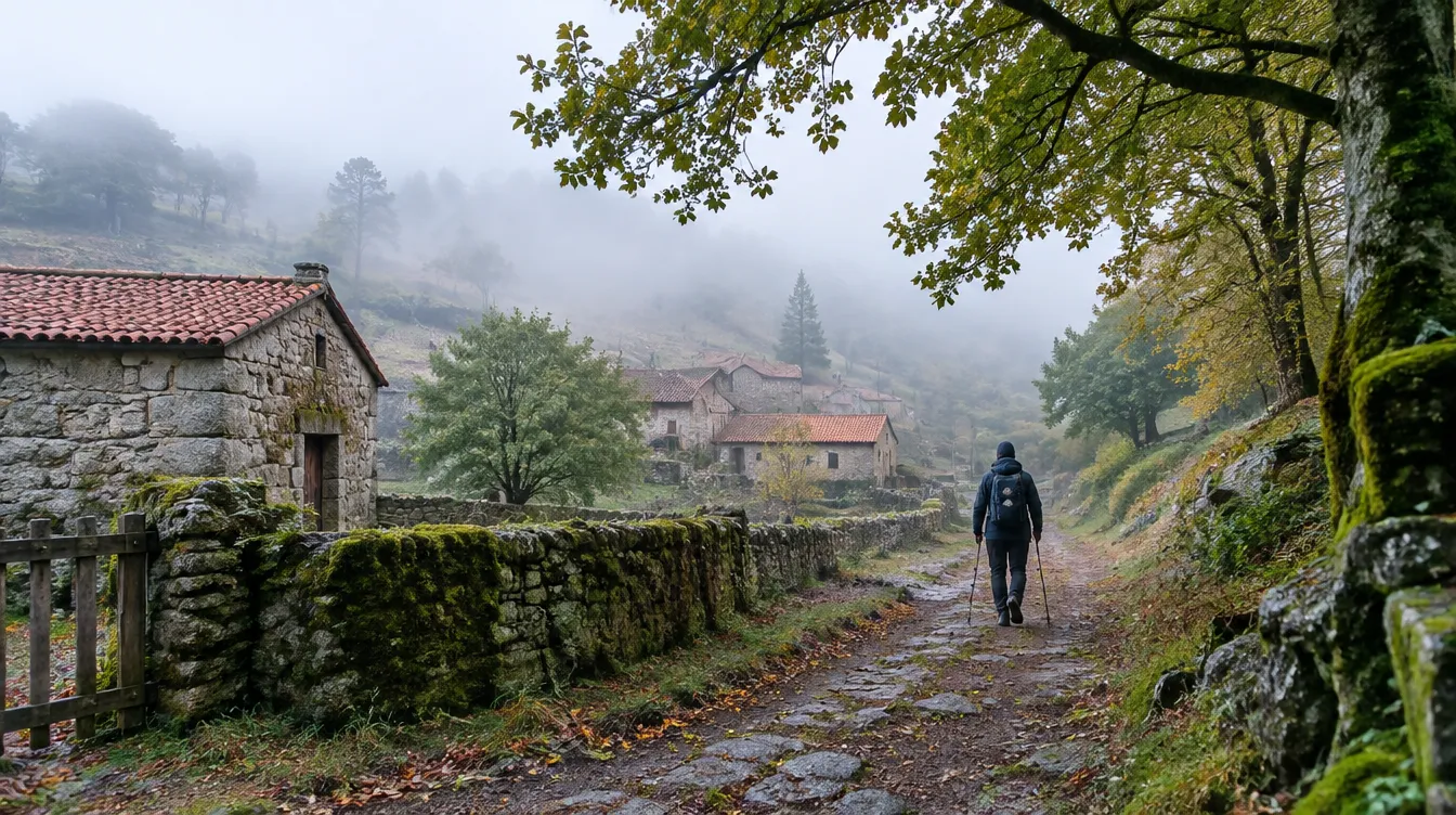 Trilha entre carvalhos e vilarejo de granito no Caminho Sanabrés