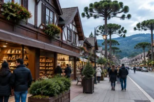 Ilustração de rua com casas em estilo alpino em Campos do Jordão
