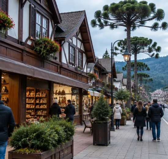 Ilustração de rua com casas em estilo alpino em Campos do Jordão