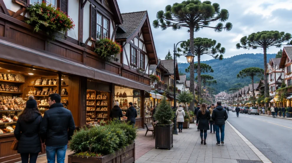 Ilustração de rua com casas em estilo alpino em Campos do Jordão