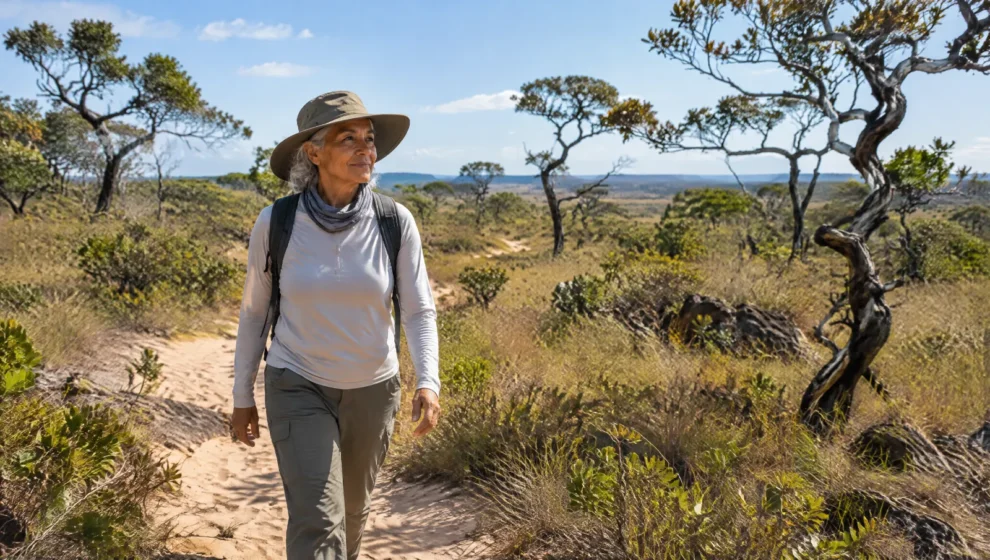 Caminhante com chapéu de aba larga e mangas de proteção solar em trilha de campo aberto no cerrado