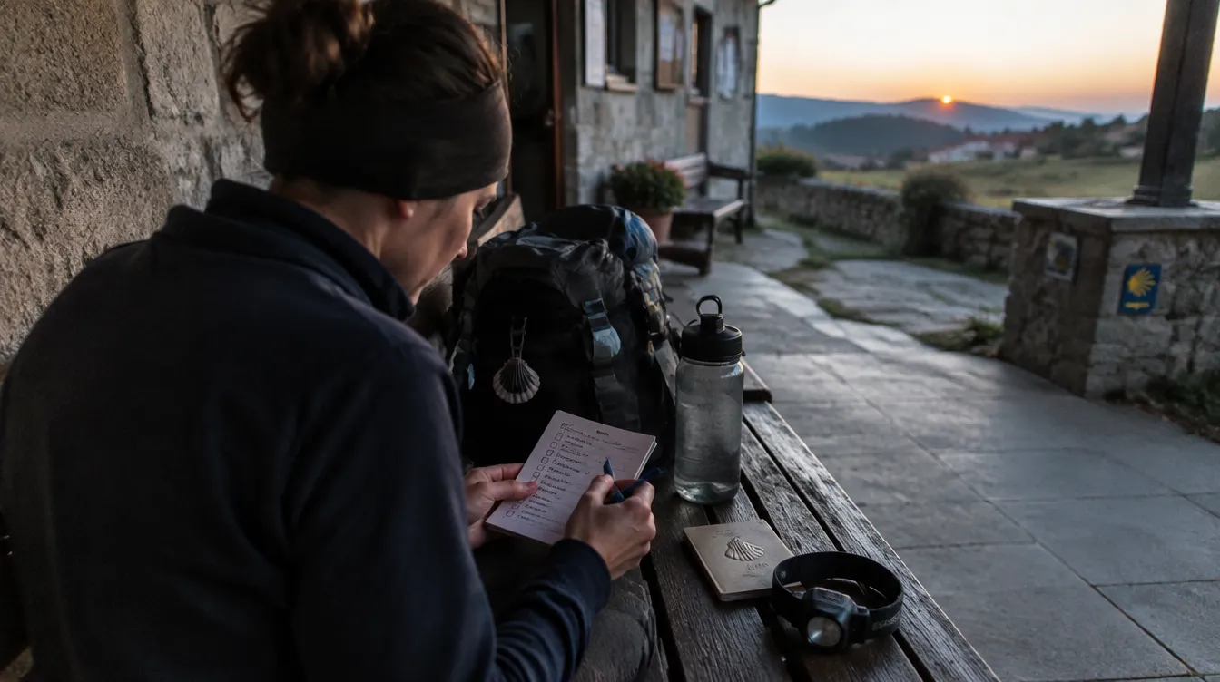 Peregrino conferindo o checklist diário antes de sair do albergue no Caminho de Santiago