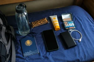 Itens do dia organizados no beliche: checklist diário do Caminho de Santiago