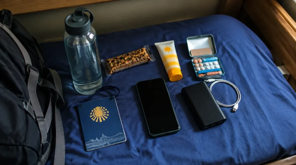 Itens do dia organizados no beliche: checklist diário do Caminho de Santiago