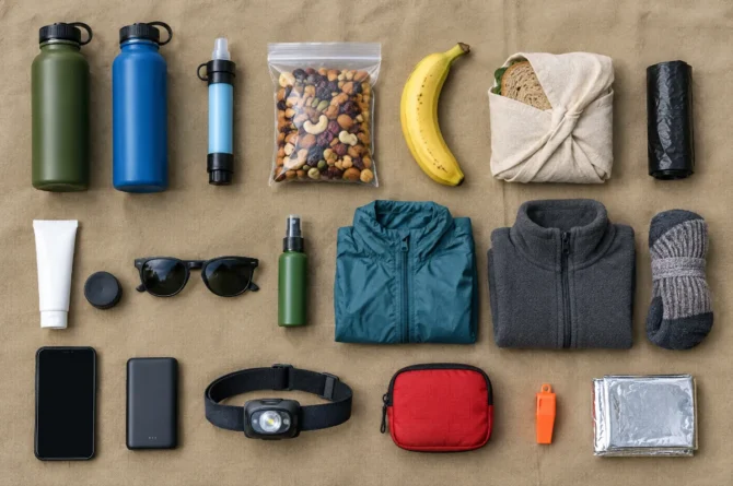 Itens de trilha organizados por grupo sobre lona: garrafas, filtro, lanche, protetor solar, boné, corta-vento, fleece, lanterna de cabeça, kit de primeiros socorros e apito