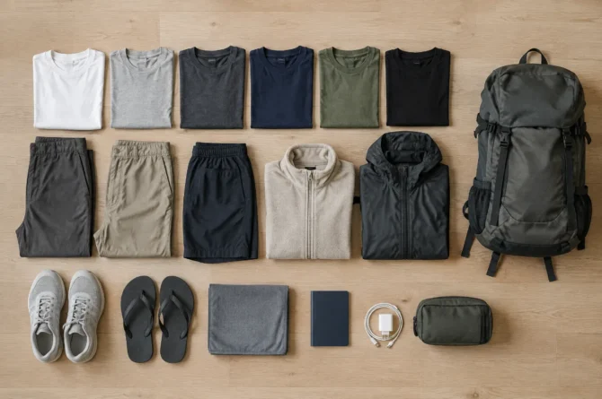 Itens de um mochilão de 30 dias organizados sobre o chão de madeira: camisetas dobradas, duas calças, jaqueta, tênis, chinelo, toalha de microfibra, passaporte e carregador