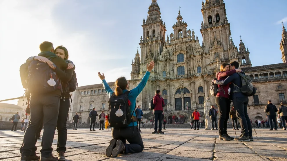 Peregrinos emocionados na chegada à Catedral de Santiago, na Praça do Obradoiro