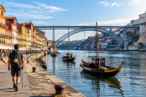 Peregrino na Ribeira do Porto, onde começa o Caminho Português