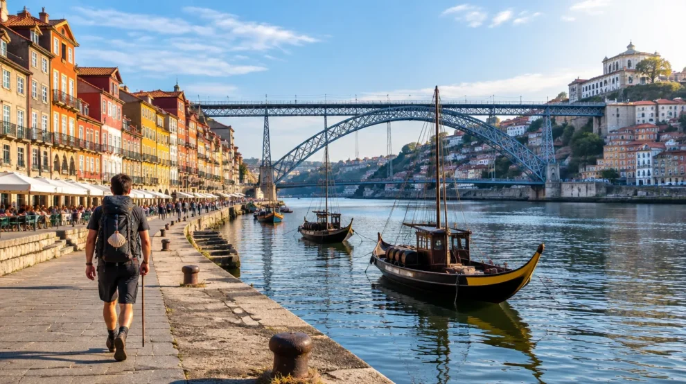 Peregrino na Ribeira do Porto, onde começa o Caminho Português