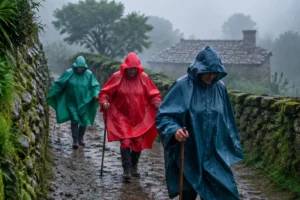 Peregrinos de capa caminhando sob chuva forte na Galícia, no Caminho de Santiago