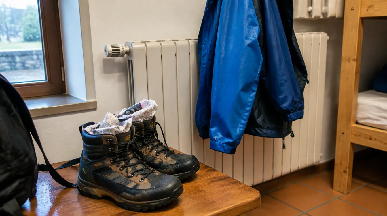 Tênis molhados secando com jornal no albergue depois da chuva no Caminho de Santiago