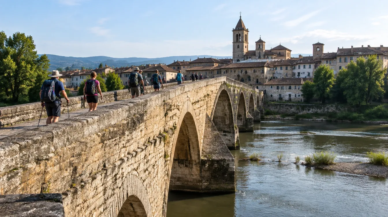 Peregrinos na ponte medieval de Puente la Reina, cidade do Caminho Francês