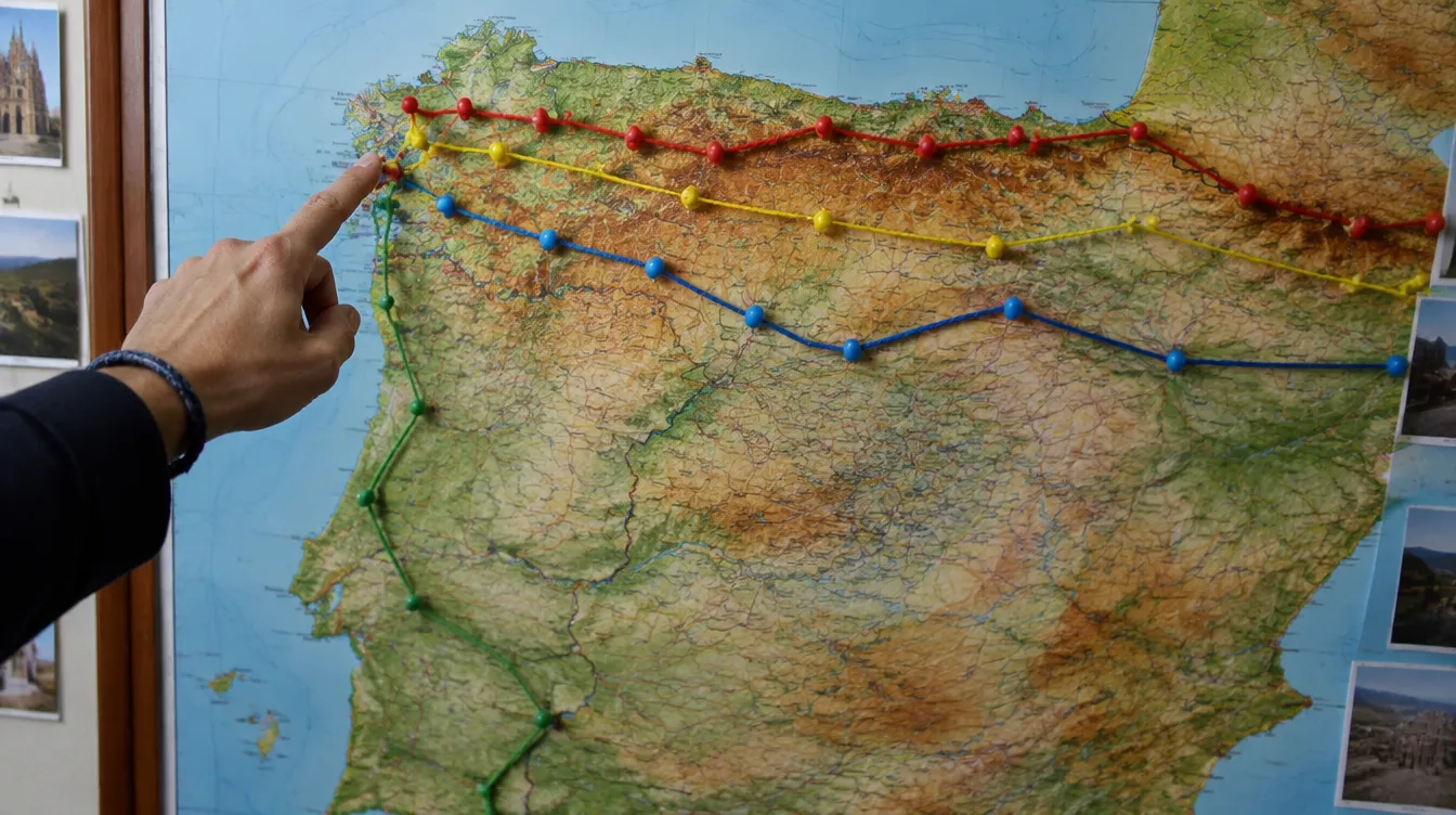 Mapa com várias rotas marcadas para combinar caminhos de Santiago