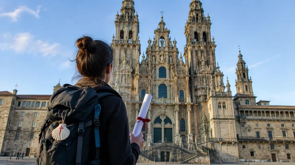 Peregrino com o tubo da Compostela diante da Catedral, na Praça do Obradoiro