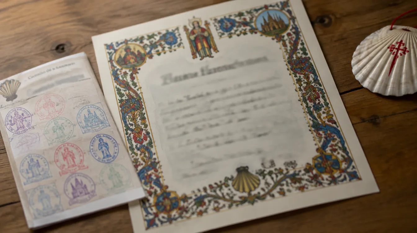 Certificado da Compostela ao lado da credencial carimbada e da concha