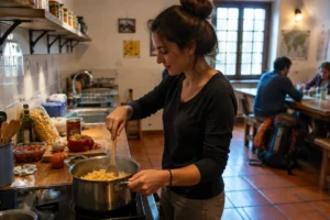 Peregrino cozinhando no albergue para economizar no Caminho de Santiago