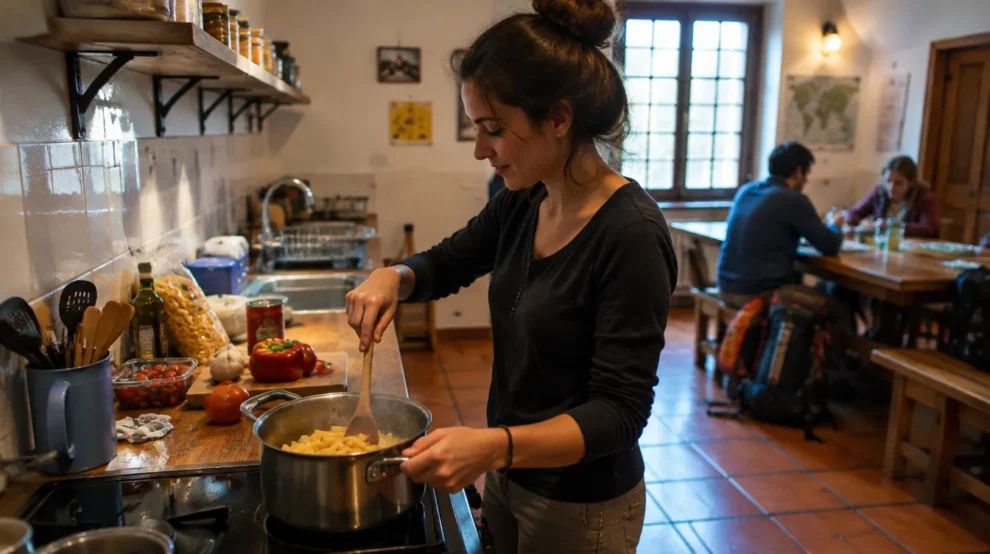 Peregrino cozinhando no albergue para economizar no Caminho de Santiago