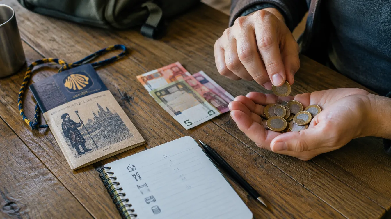 Moedas e notas de euro ao lado da credencial: controle para economizar no Caminho de Santiago