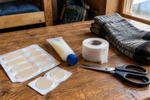 Curativo hidrocoloide, vaselina e fita para prevenir bolhas no Caminho de Santiago