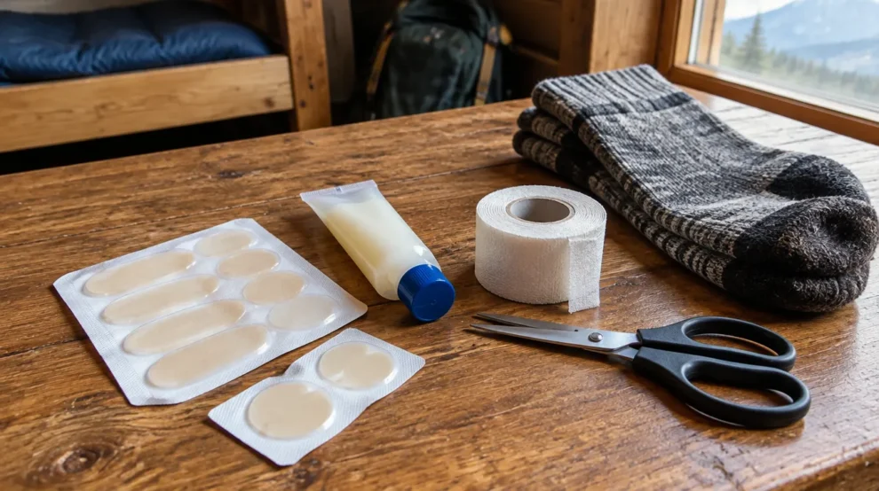 Curativo hidrocoloide, vaselina e fita para prevenir bolhas no Caminho de Santiago
