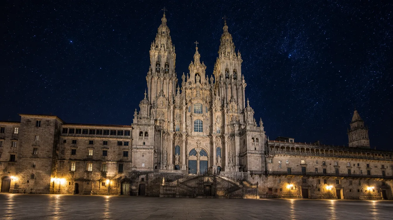 Catedral de Santiago sob céu estrelado, símbolo do significado de Compostela