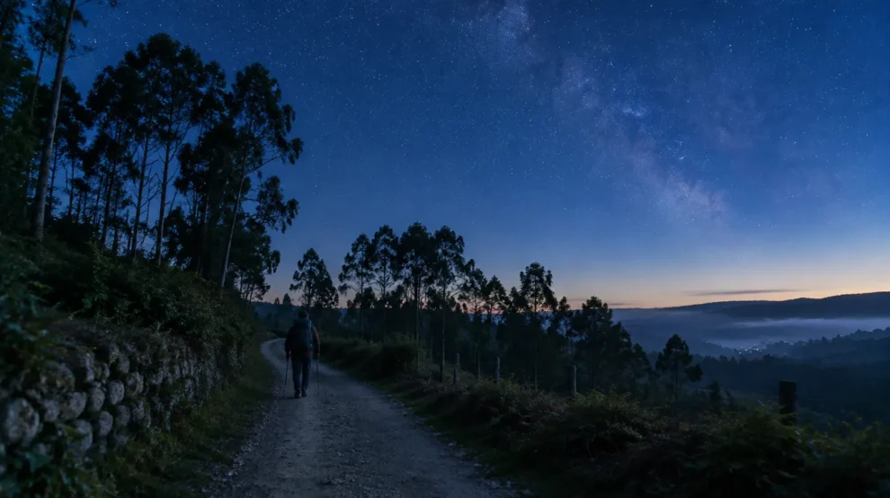 Peregrino sob a Via Láctea na Galícia, ligada ao significado de Compostela como campo das estrelas