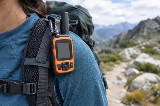 Comunicador via satélite preso com mosquetão na alça superior de uma mochila de trekking, com a antena voltada para o céu