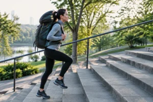 Treino em escadas com mochila para ganhar condicionamento físico para o Caminho de Santiago
