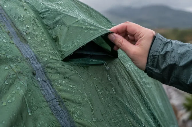 Gotas de chuva escorrendo pelo sobreteto bem esticado de uma barraca, com respiro e costura selada em primeiro plano