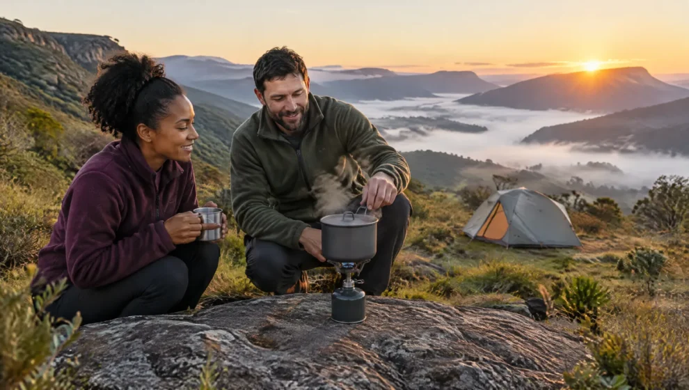 Casal preparando café em fogareiro compacto sobre pedra plana, ao ar livre e longe da barraca, com vale de neblina ao fundo