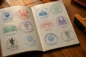 Credencial do peregrino aberta com carimbos coloridos das etapas do Caminho