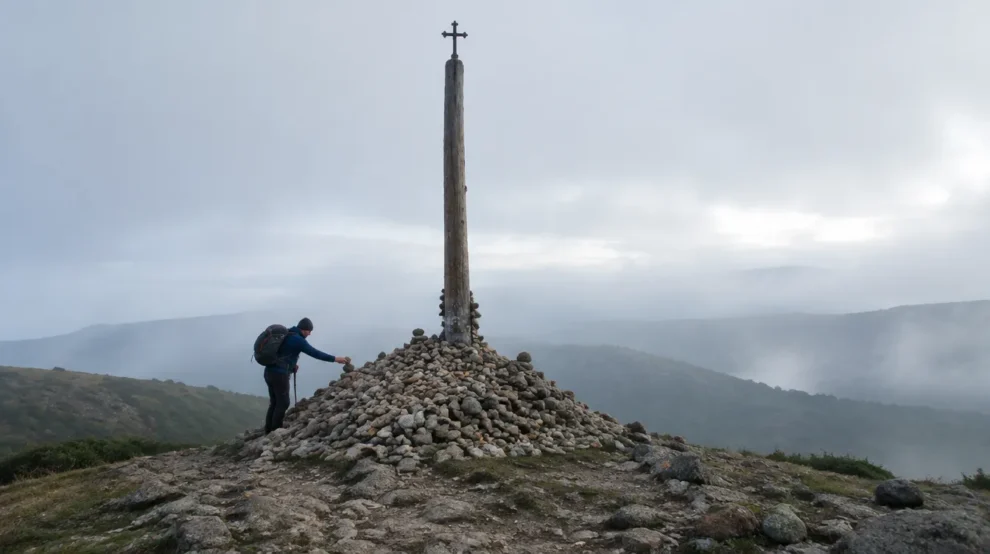 Cruz de Ferro sobre o monte de pedras deixadas por peregrinos, símbolo cheio de significado