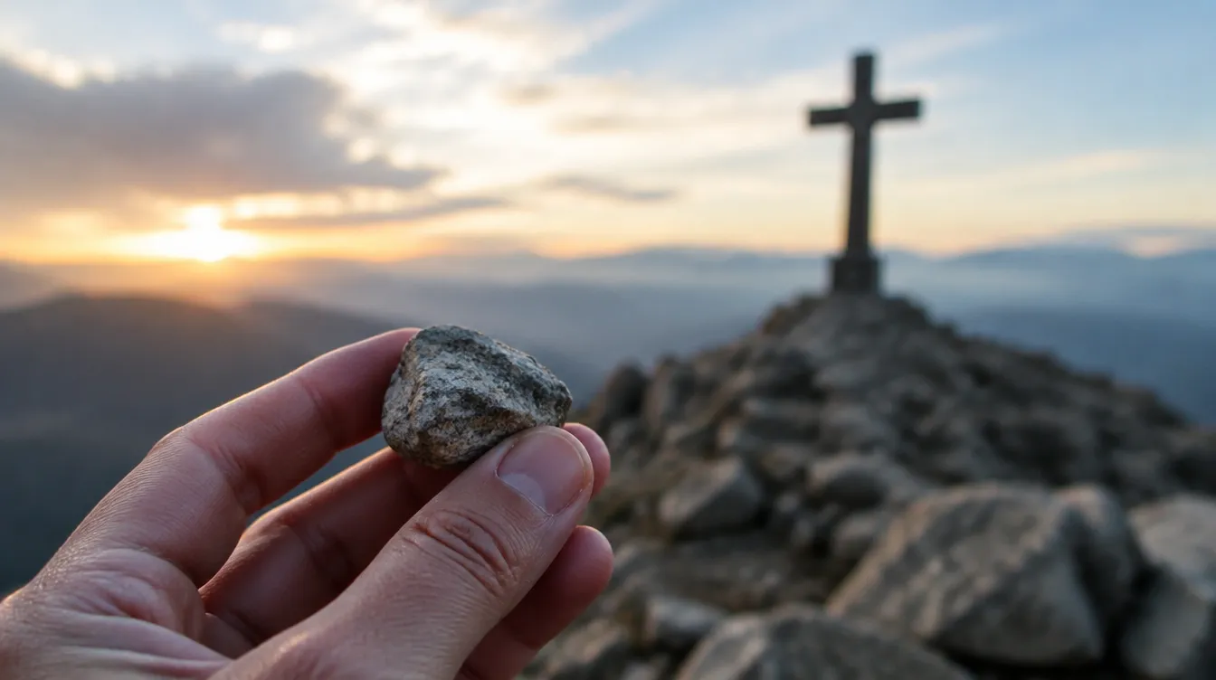 Peregrino segurando a pedra trazida de casa para deixar na Cruz de Ferro