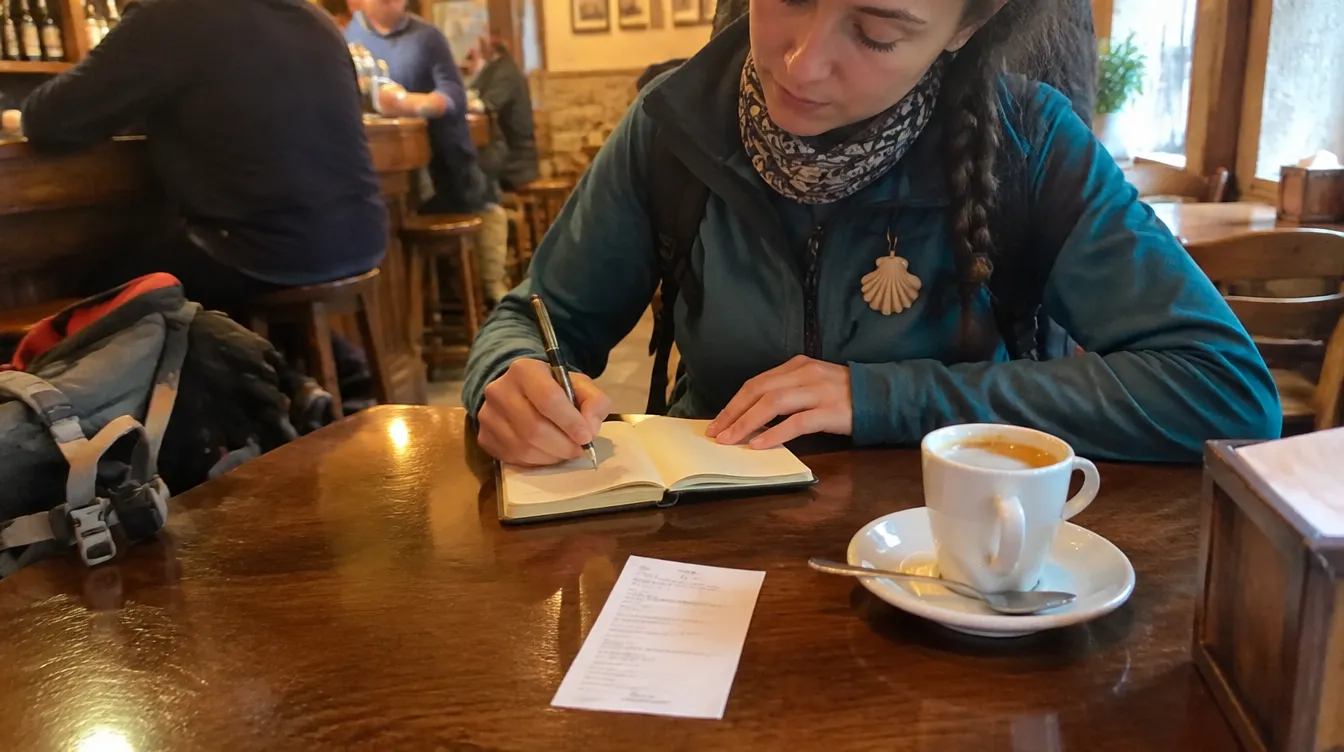 Peregrino anotando gastos para calcular o custo dos últimos 100 km do Caminho de Santiago