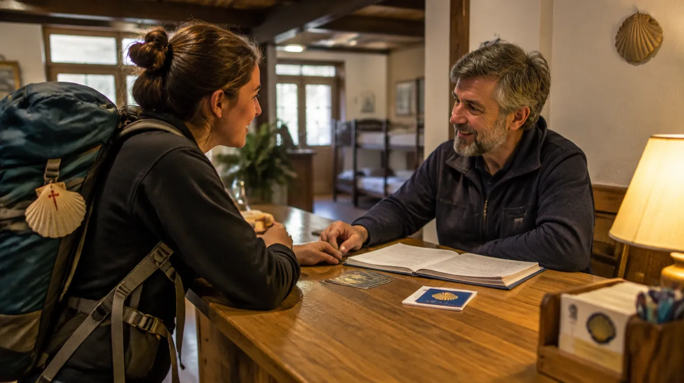 Peregrino conversando com hospitaleiro antes de decidir se vai desistir do Caminho de Santiago