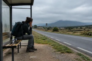 Peregrino em ponto de ônibus pensando em desistir do Caminho de Santiago