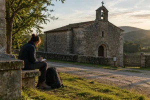 Peregrino escrevendo no caderno ao lado de igreja rural, diário de autoconhecimento no Caminho de Santiago