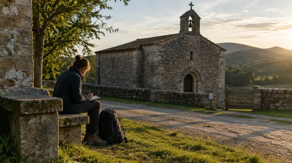 Peregrino escrevendo no caderno ao lado de igreja rural, diário de autoconhecimento no Caminho de Santiago