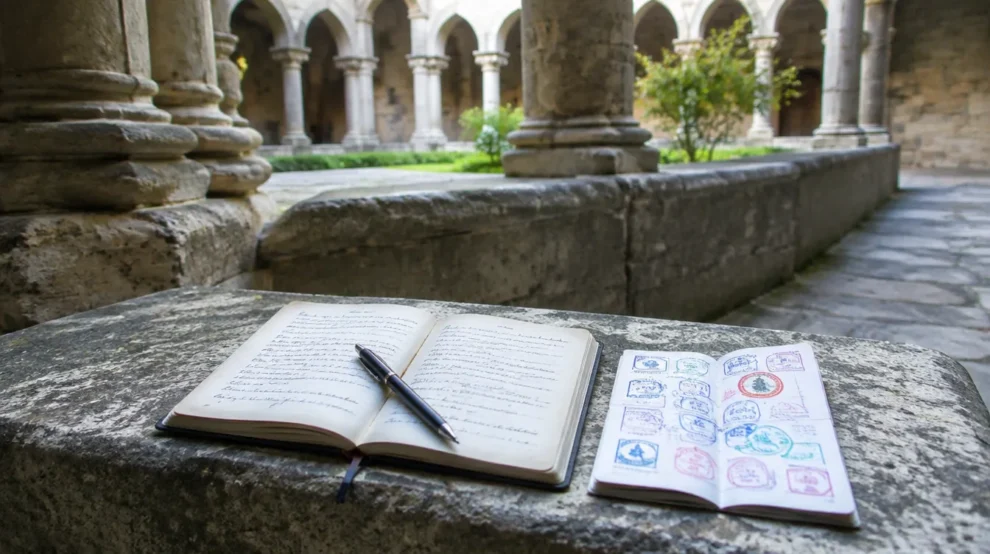 Caderno e credencial em claustro de Santiago, diário do Caminho de Santiago na chegada