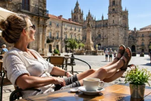 Peregrino relaxando em praça durante um dos dias de descanso no Caminho de Santiago