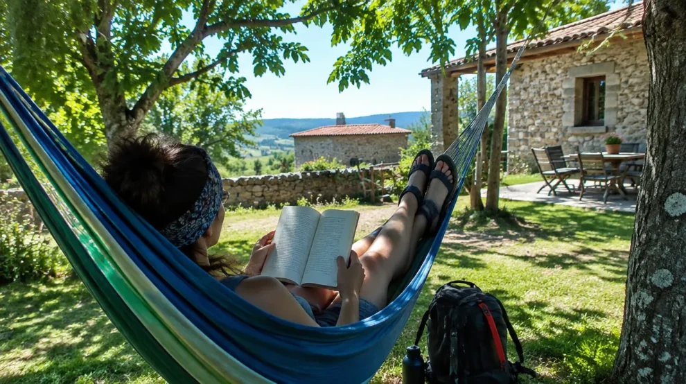 Peregrino descansando no jardim do albergue em um dos dias extras do Caminho de Santiago